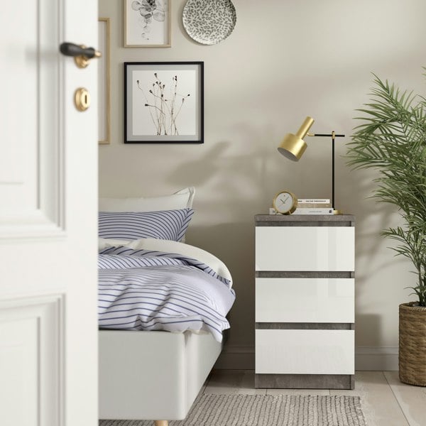 Furniture To Go Naia Bedside 3 Drawers in Concrete and White High Gloss
