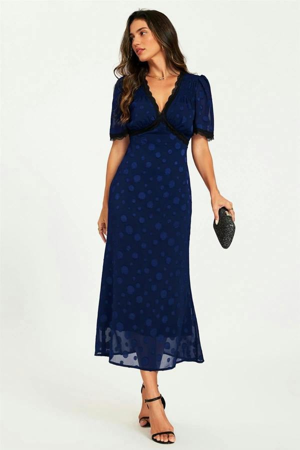 FS Collection Polka Dot Jacquard Lace Trim Midi Dress In Navy