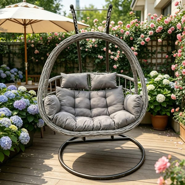 Fimous Rattan Garden 2 Person Hanging Egg Chair Indoor Outdoor Patio Furniture with Grey Cushion