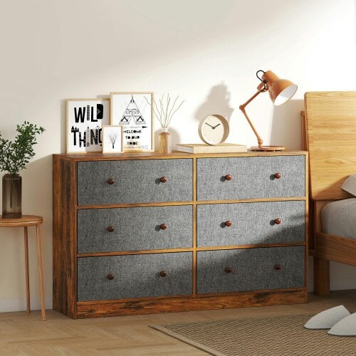 HOMCOM Chest of Drawers, Wide Dresser with 6 Grey Fabric Drawers & Steel Frame for Bedroom, Living Room, Hallway - Rustic Brown