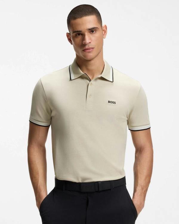 BOSS Green Paddy Mens Cotton-Piqué Polo Shirt with Contrast Logo - Light Beige 276