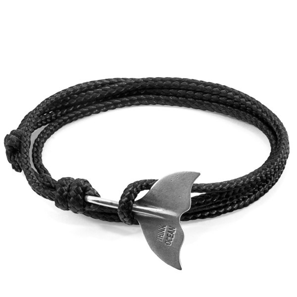 Anchor & Crew Black Think Ocean Big Whale Silver and Rope Bracelet