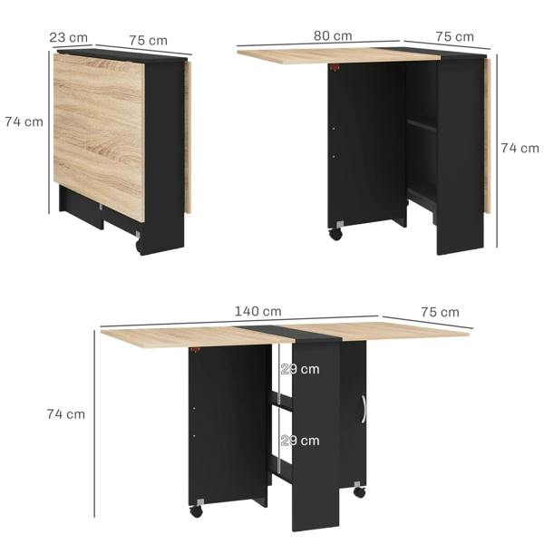 Drop-leaf folding dining table with oak panel, black storage frame, and rolling casters