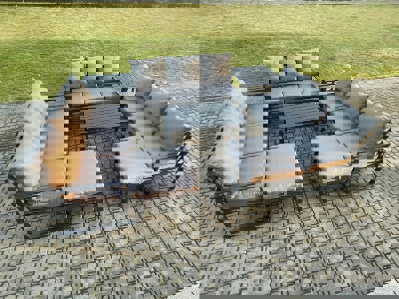 Fimous Aluminium Outdoor Garden Furniture Set Lounge Sofa Oblong Coffee Table 2 PC Big Footstool 2 Side Tables Sets with Cushions Dark Grey 11 Seater