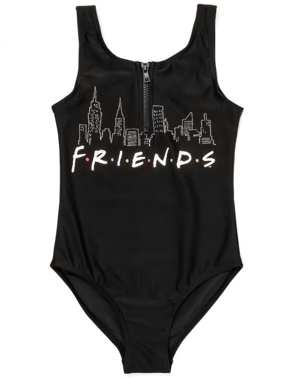 Friends Girls Black Logo Print With Zip Detail 1 Piece Swimming Costume