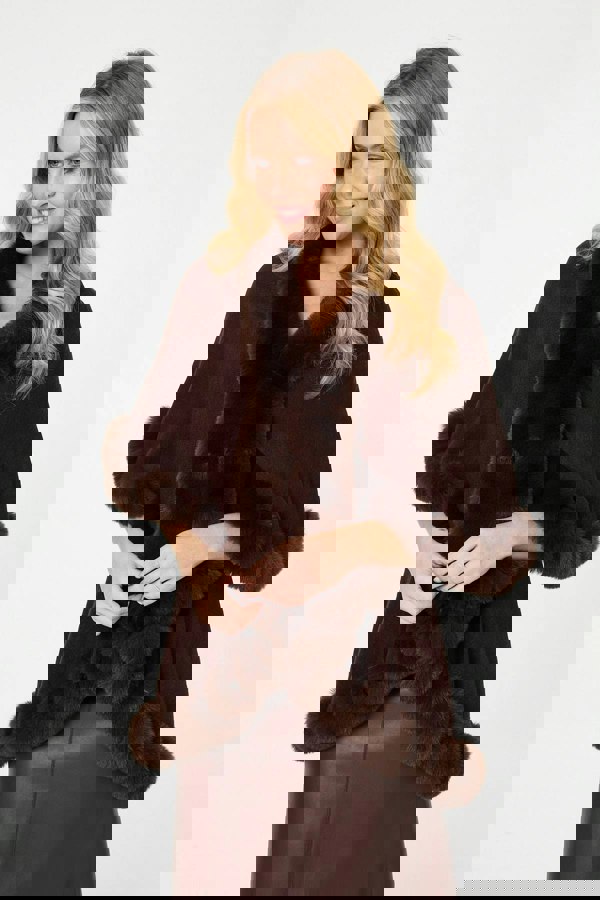 Brown | Faux Fur Trim Layered Poncho
