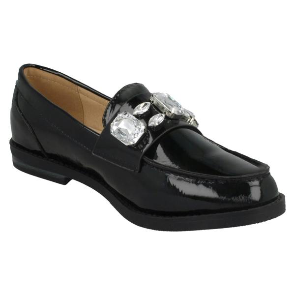 Spot On Ladies Spot On Jewel Trim Vamp Loafer Shoes