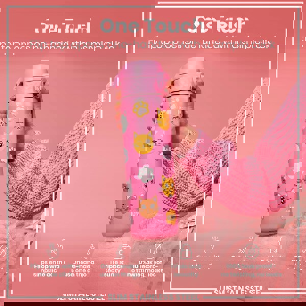 A pink water bottle, with a flip top and cat designs, is held by a hand. The bottle's top opens one-handed. It features a triple lock security system and is leakproof. The bottle is made of slim stainless steel.