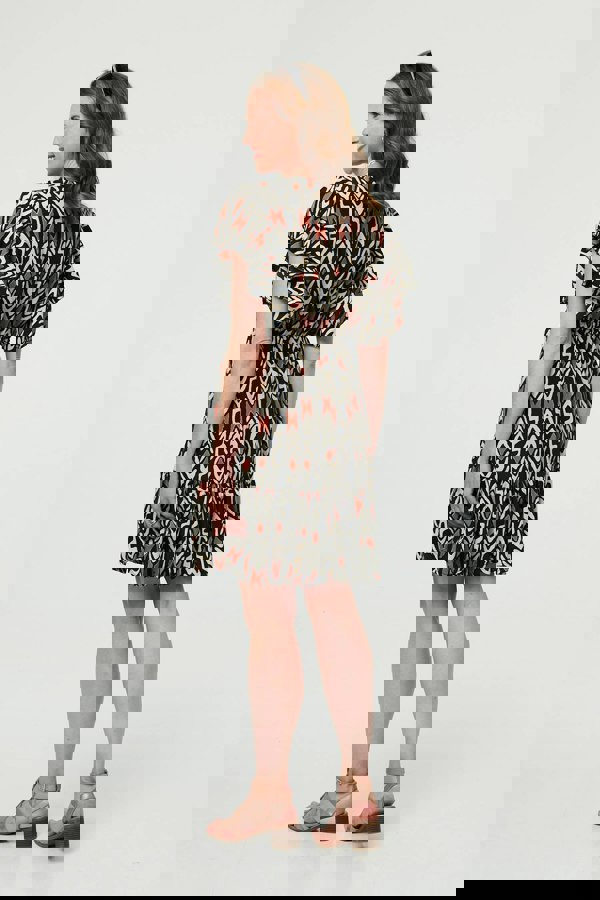 Black | Printed Frilled Sleeve Short Dress
