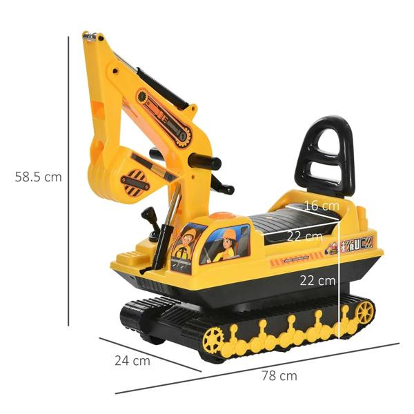 Yellow ride-on excavator toy with scoop arm, black seat, and track base, side view