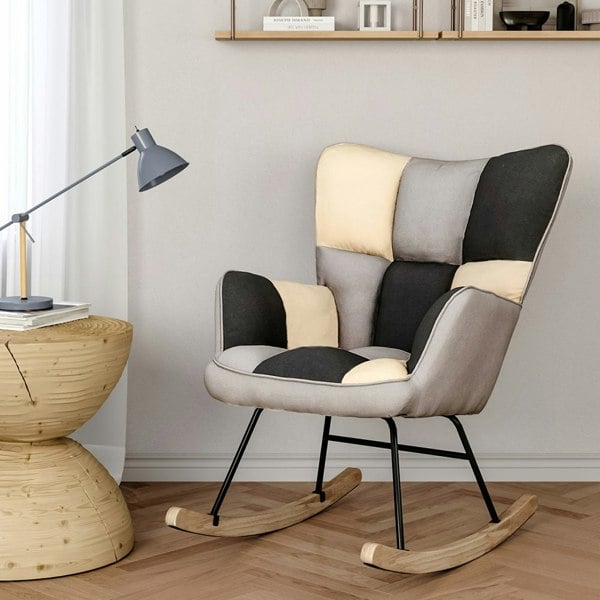 Relax Rocking Chair Tufted Linen Upholstered Padded Seat Armchair Armchairs Living and Home Multicolour