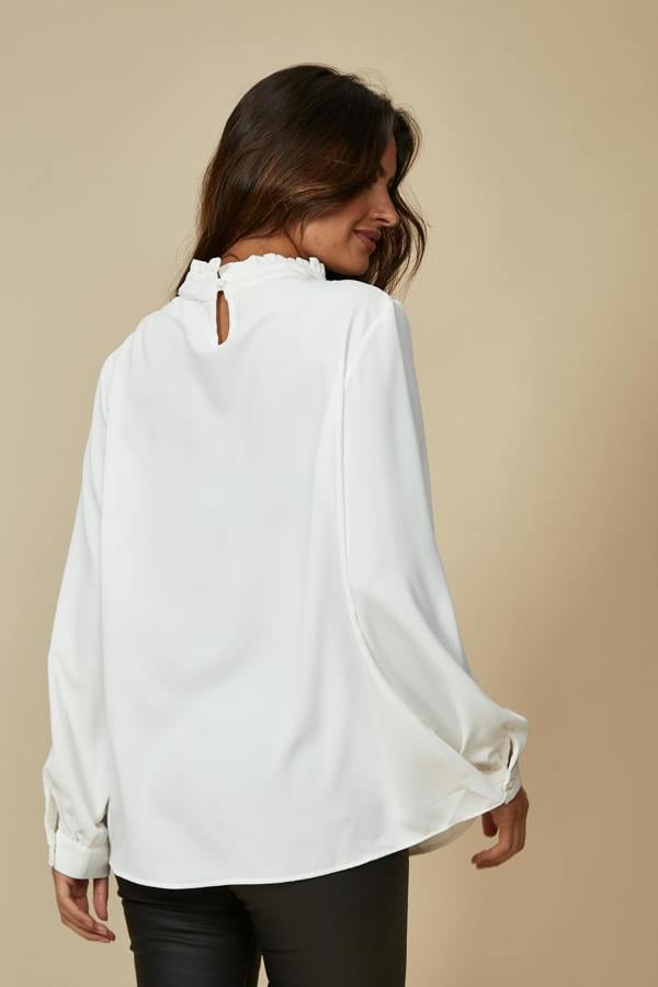 Hoxton Gal Oversized Ruffle Neck Top with Long Sleeves in White