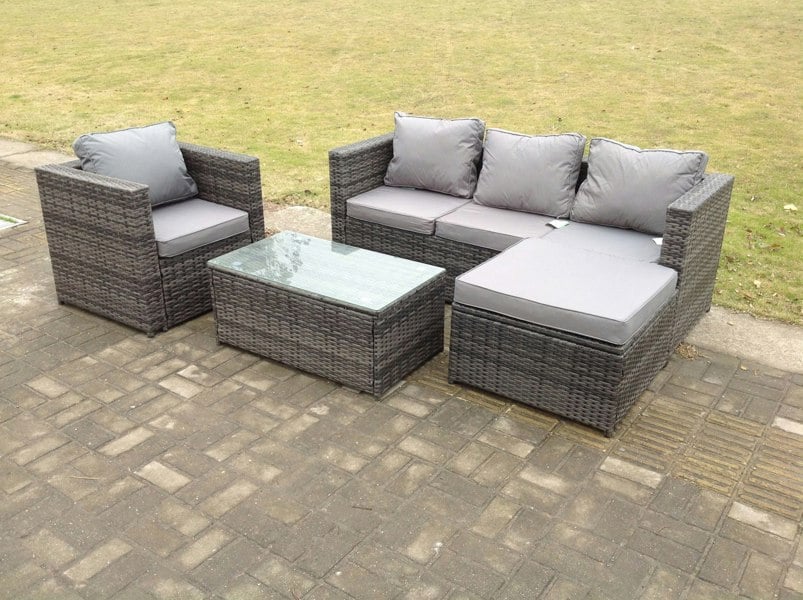 Fimous Lounge Rattan Sofa Set Outdoor Garden Furniture With Single Arm Chair And Rectangular Coffee Table With Big Footstool