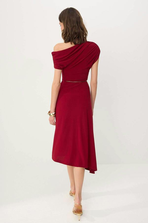 WOVCOR Off Shoulder Ruched Sleeve Chain Belt Midi Party Dress