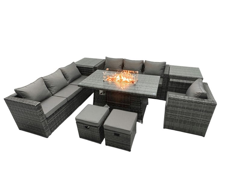 Fimous Rattan Garden Furniture Firepit Dining Set 6 Seater Lounge Sofa Table Set with 2 Side Table 2 Footstool