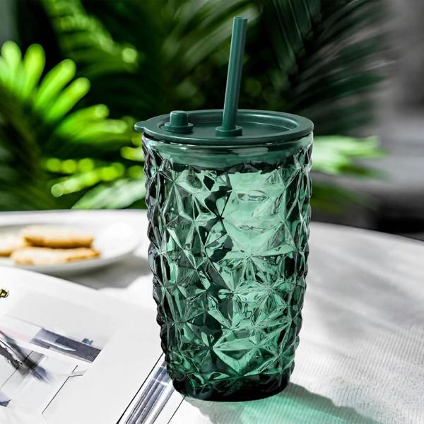 Dyzi 400ml Borosilicate Glass Drinking Cup with Lid Straw Dark Green
