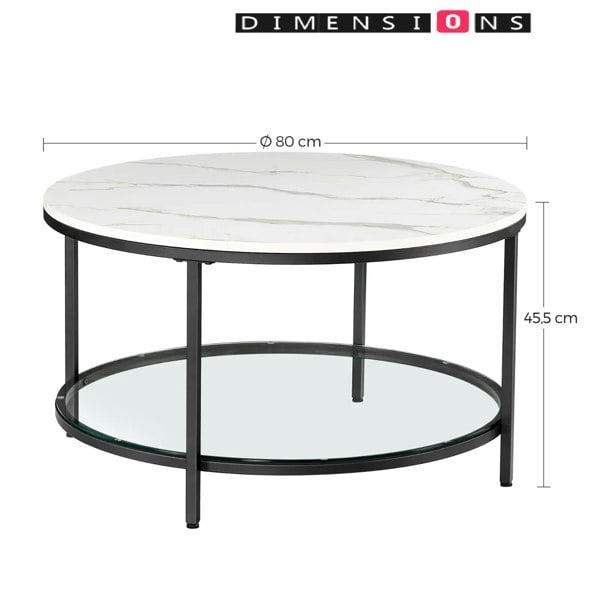 Modcraft White and Black Marble Coffee Table with Glass Storage Shelf