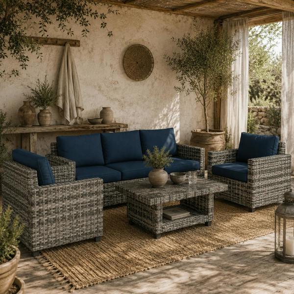 Wyld Haus Sacoel Navy Blue and Grey Rattan 5 Seater Outdoor Sofa Set