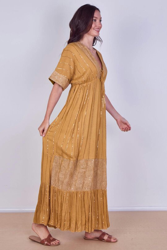 Boho Sequin Swirl Embroidered Maxi Dress