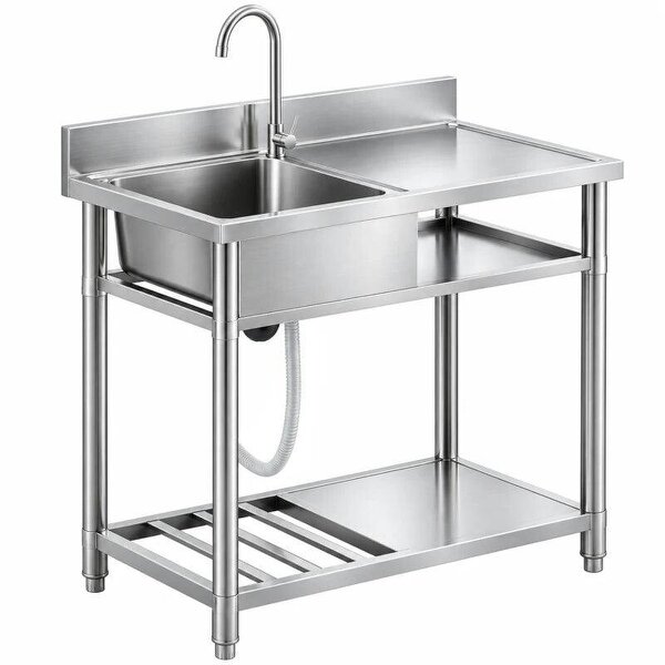 Outdoor Stainless Steel Kitchen Sink, Freestanding Sink Single Bowl with Cold and Hot Water Pipe and Storage Shelves