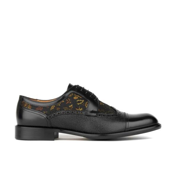 Embassy London Orlando - Black & Yellow Flowers - Men's toe cap dressy black shoe with flower print leather