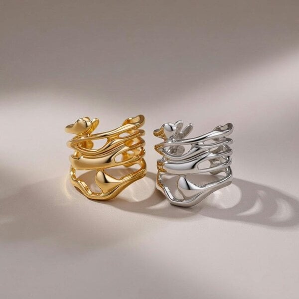 The Colourful Aura Abstract Fluid Wrap Wide Adjustable Band Gold or Silver Ring