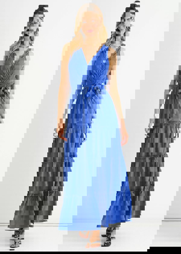 Gini London Blue Viscose Wrap Tiered Maxi Dress