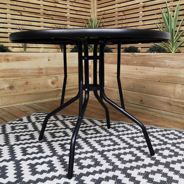 Samuel Alexander Outdoor 2 Person Round Glass Top Garden Patio Dining Table Chairs Black Parasol and Base Set