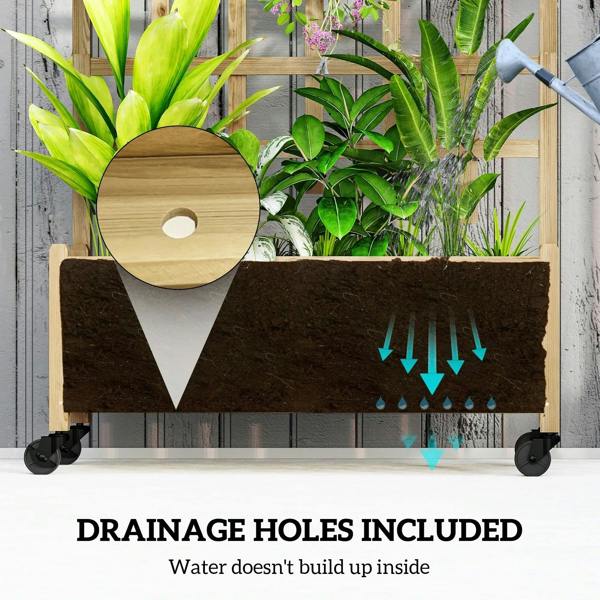 Raised wooden planter bed with caster wheels and dark soil insert.