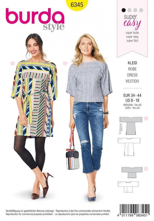 Burda Sewing Pattern 6345 Tops and Dresses For Women, 8 to 18 - Easy