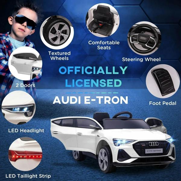 Audi e-tron licensed kids ride-on car with LED headlights, tail light strip, and textured wheels