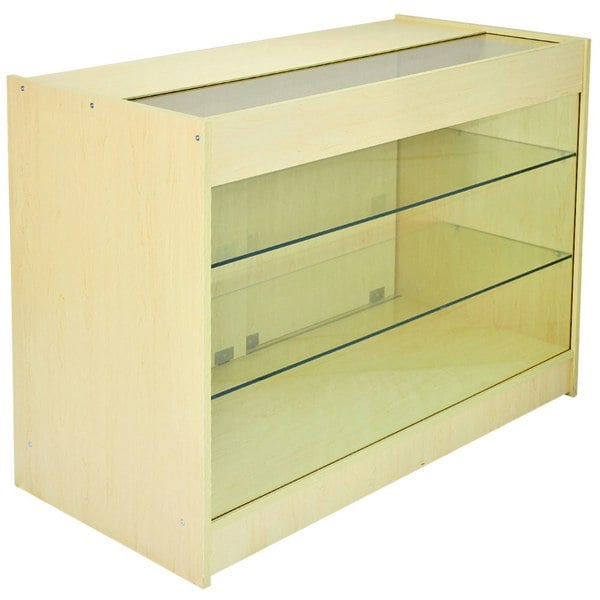 Comet Counter Set features a light wood finish with a glass display top and two glass shelves for showcasing products
