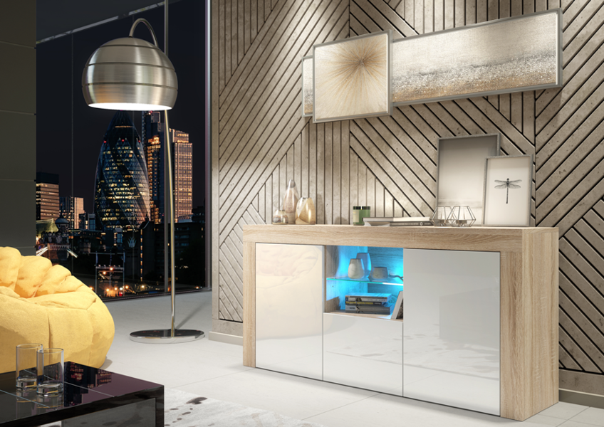 Mex Furniture 145cm Modern TV Unit, Cabinet Stand & , with White Gloss Doors & Free LED