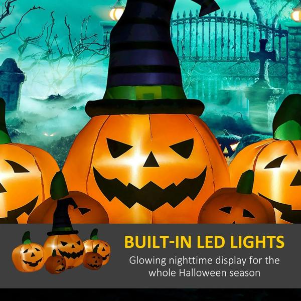 Illuminated inflatable jack-o'-lantern pumpkin with witch hat and small glowing pumpkins
