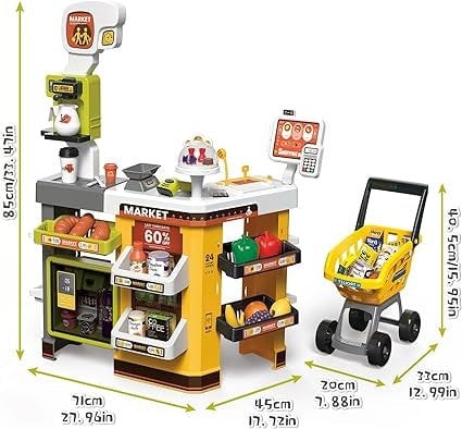 deAO Toys 65 PCS Grocery Store Playset Pretend Supermarket Playset for Kids w/ Shopping Cart Cash Register Play Food Accessories