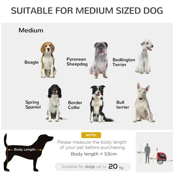 Dog bike trailer size guide card showing medium dog fit for pet cart