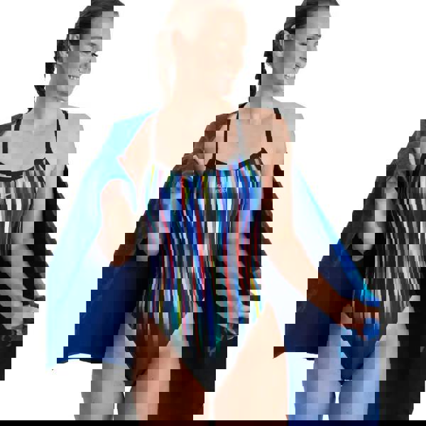 Speedo Placement Thinstrap Muscleback swimsuit in black multi stripes with blue towel