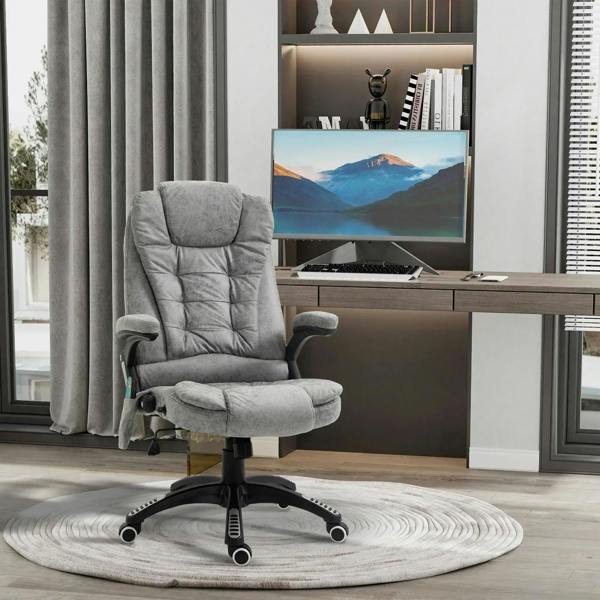 Grey massage recliner chair with headrest, padded arms, and swivel base on wheels