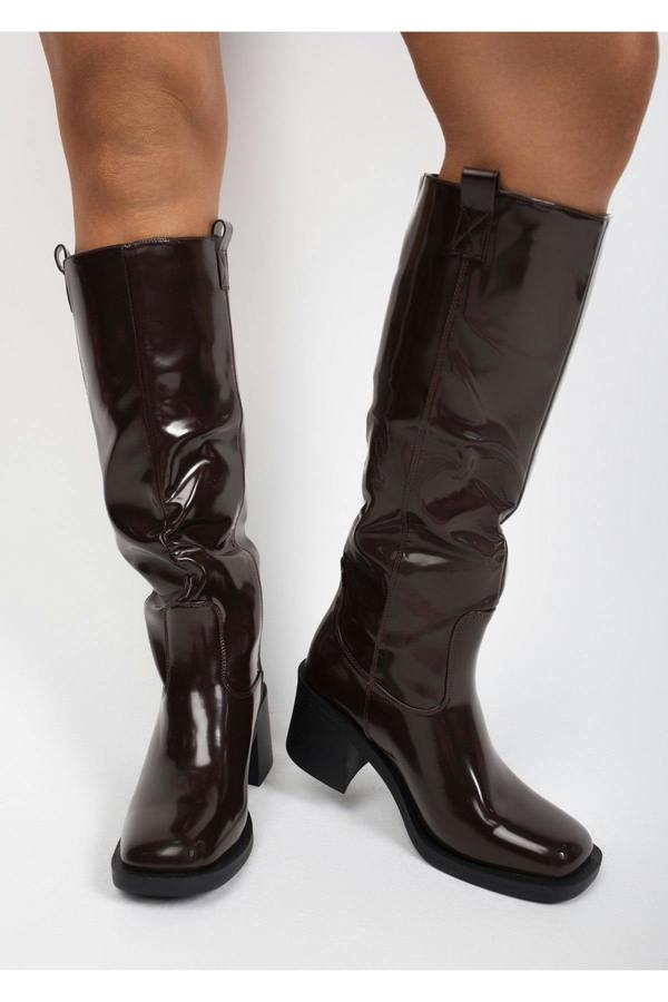 Verira Patent Knee High Block Heel Boots - Wine