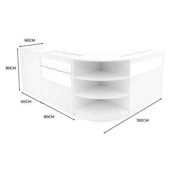 Curved white LED shop counter set featuring glass display shelves, sleek design, and modern dimensions of 150cm x 90cm x 60cm