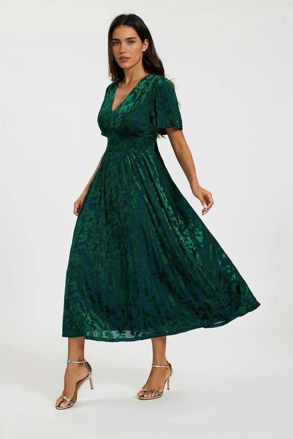 FS Collection Green Velvet Burnout V-Neck Angel Sleeve Midi Dress