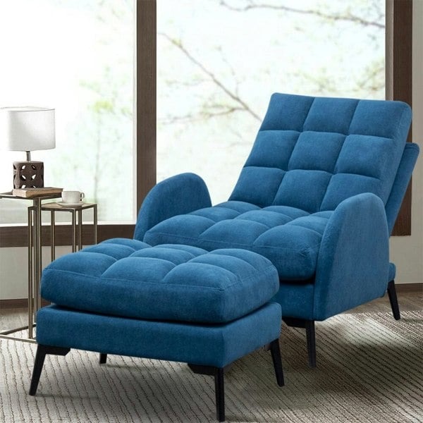 Modern Velvet Upholstered Recliner and Ottoman Set Recliners Living and Home Blue