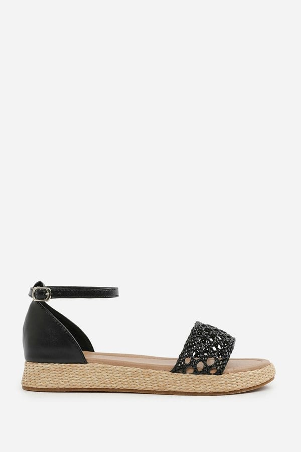 Where's That From Shia Braided Strap Espadrille Flatform  With Buckle Ankle Strap in Black Faux Leather