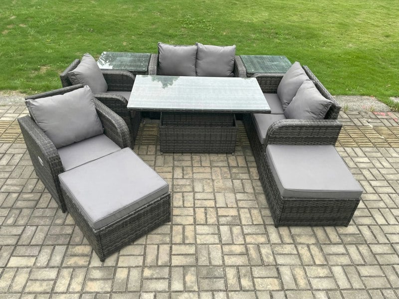 Fimous Rattan Furniture Garden Dining Sets Outdoor Height Adjustable Rising lifting Table Love Sofa Chair With 2 Side Tables 2 Footstools
