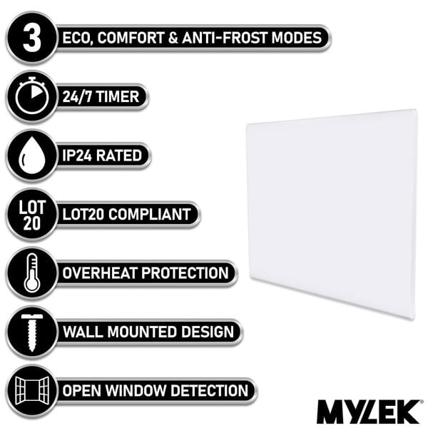 MYLEK Wall Mounted Slimline White Panel Heater 2000w Daily and Weekly Timer, Digital Thermostat