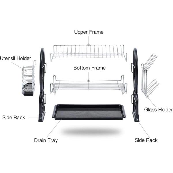 Dyzi 2 Tier Dish Drainer Rack with Utensil Cup Holder Draining Tray Chrome
