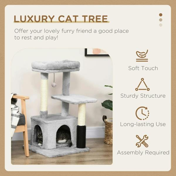 Grey cat tree product card showing plush perches, hanging ball, and multi-level structure