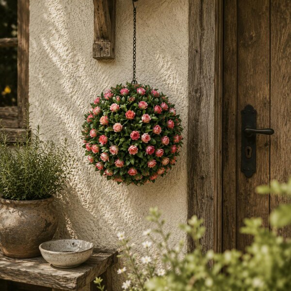 Wyld Haus Colana Set Of 2 Artificial UV Resistant Rose Style Topiary Balls H8 28cm Pink
