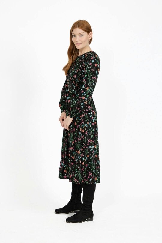 Mudflower Floral Print Lurex Full Sleeve Midi Dress