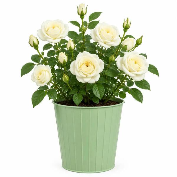 3L Silver Anniversary Cream Rose Bush - Beautiful Flowering Plant Gift - Metal Vertical Line Green